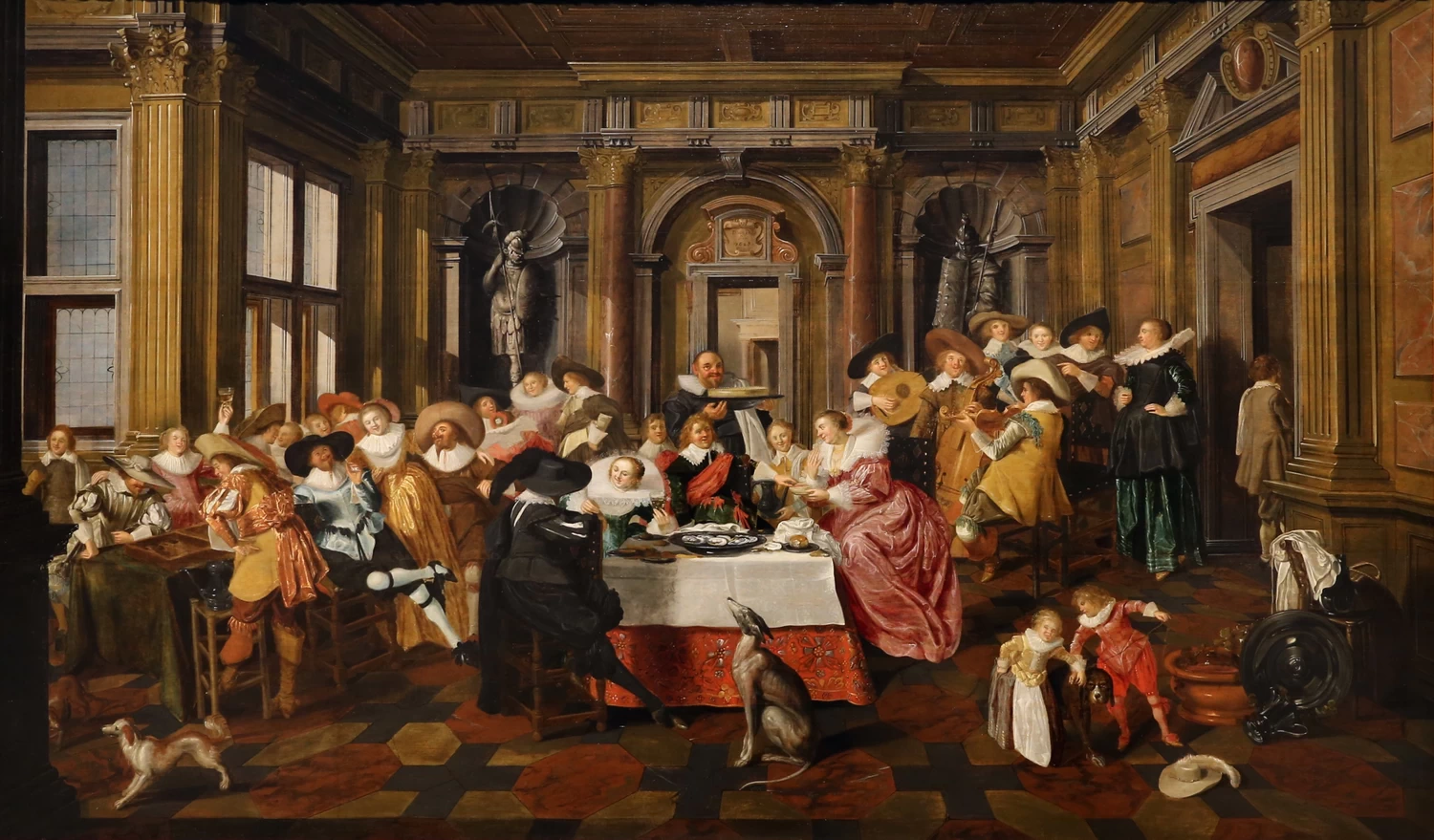 Un'allegra compagnia in un interno sontuoso, con musicisti e suonatori di tric - trac. Con Dirck van Delen, Führermuseum, Linz